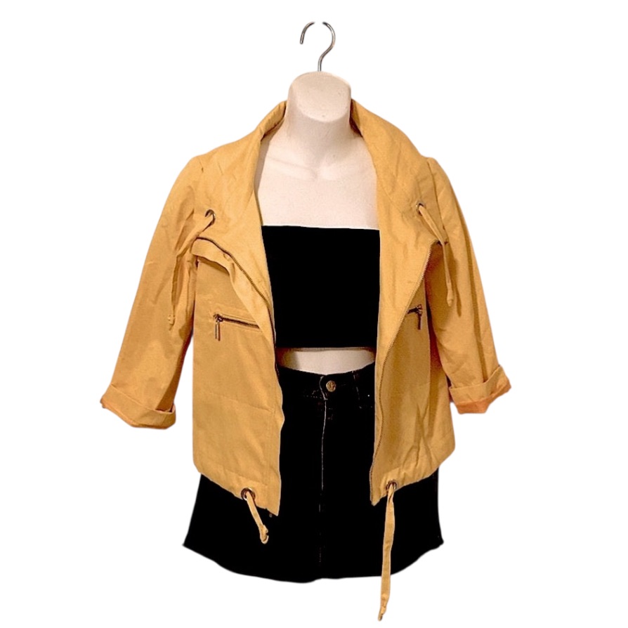 Nine West Yellow Cropped 3/4 Sleeve Zipper Rain Trench Coat Moto Jacket Sz S
